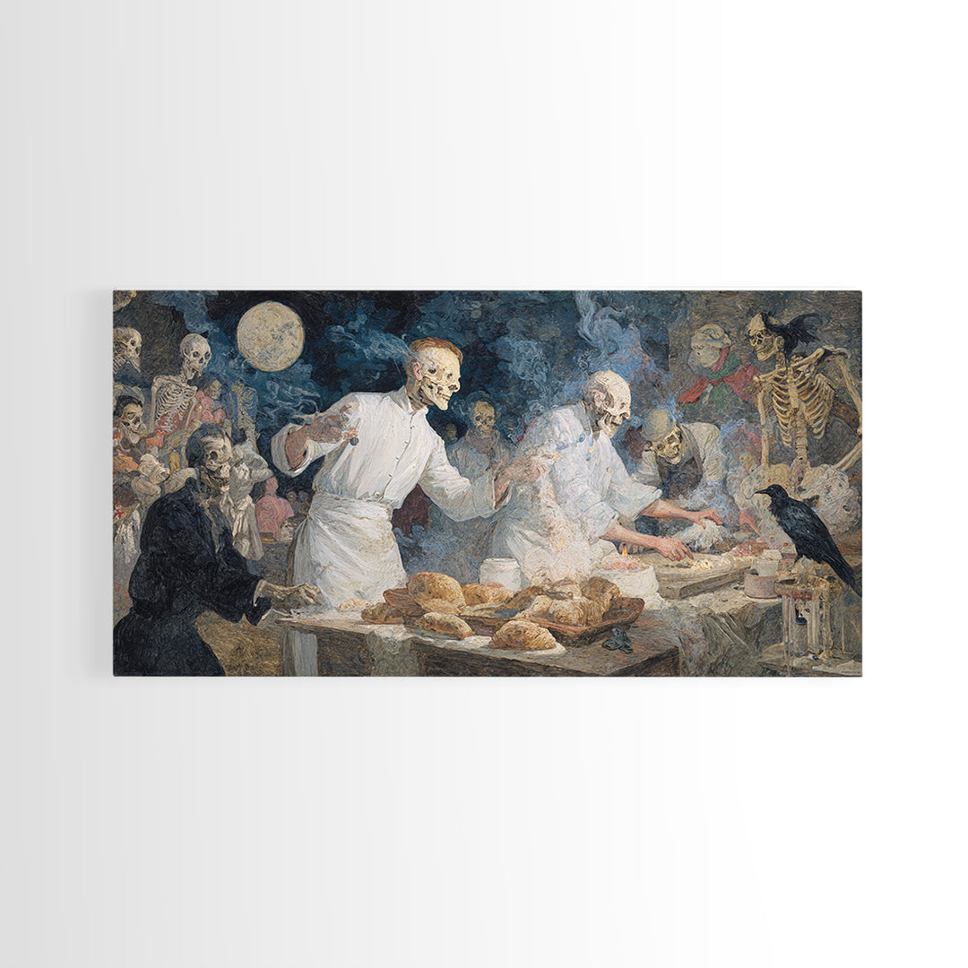 The Ghost Bakery, Grotesque Carnival Art, Wide Panoramic Art, Dark Fantasy Wall Art, Framed Canvas Print, Halloween Wall Art