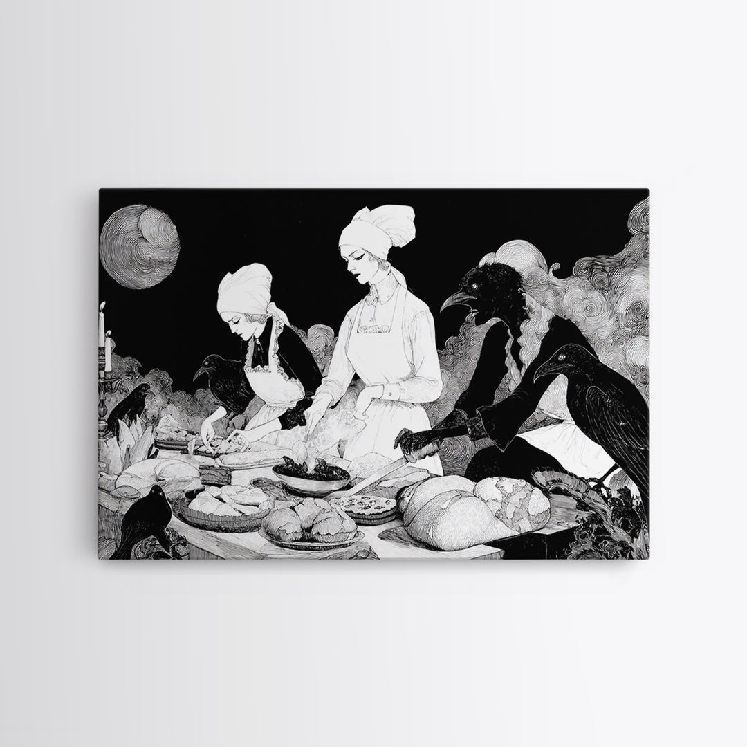 The Ghost Bakery, Decadent Line Art, Landscape Wall Art, Dark Fantasy Wall Art, Framed Canvas Print, Halloween Wall Art