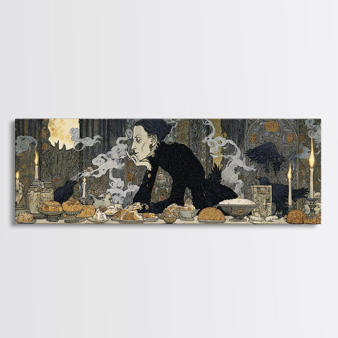 The Ghost Bakery, Stained Glass Gothic Art, Extra Wide Wall Art, Dark Halloween Decor, Framed Canvas Print, Halloween Wall Art