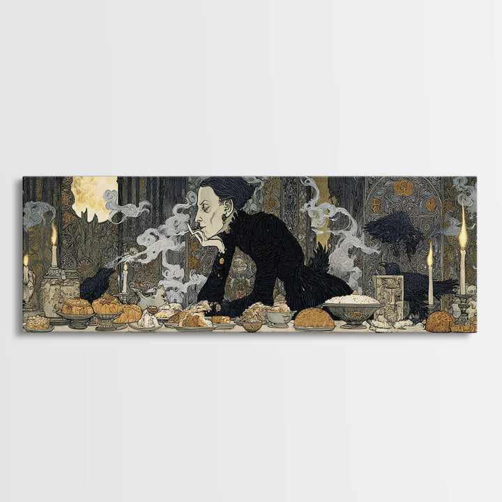 The Ghost Bakery, Stained Glass Gothic Art, Extra Wide Wall Art, Dark Halloween Decor, Framed Canvas Print, Halloween Wall Art
