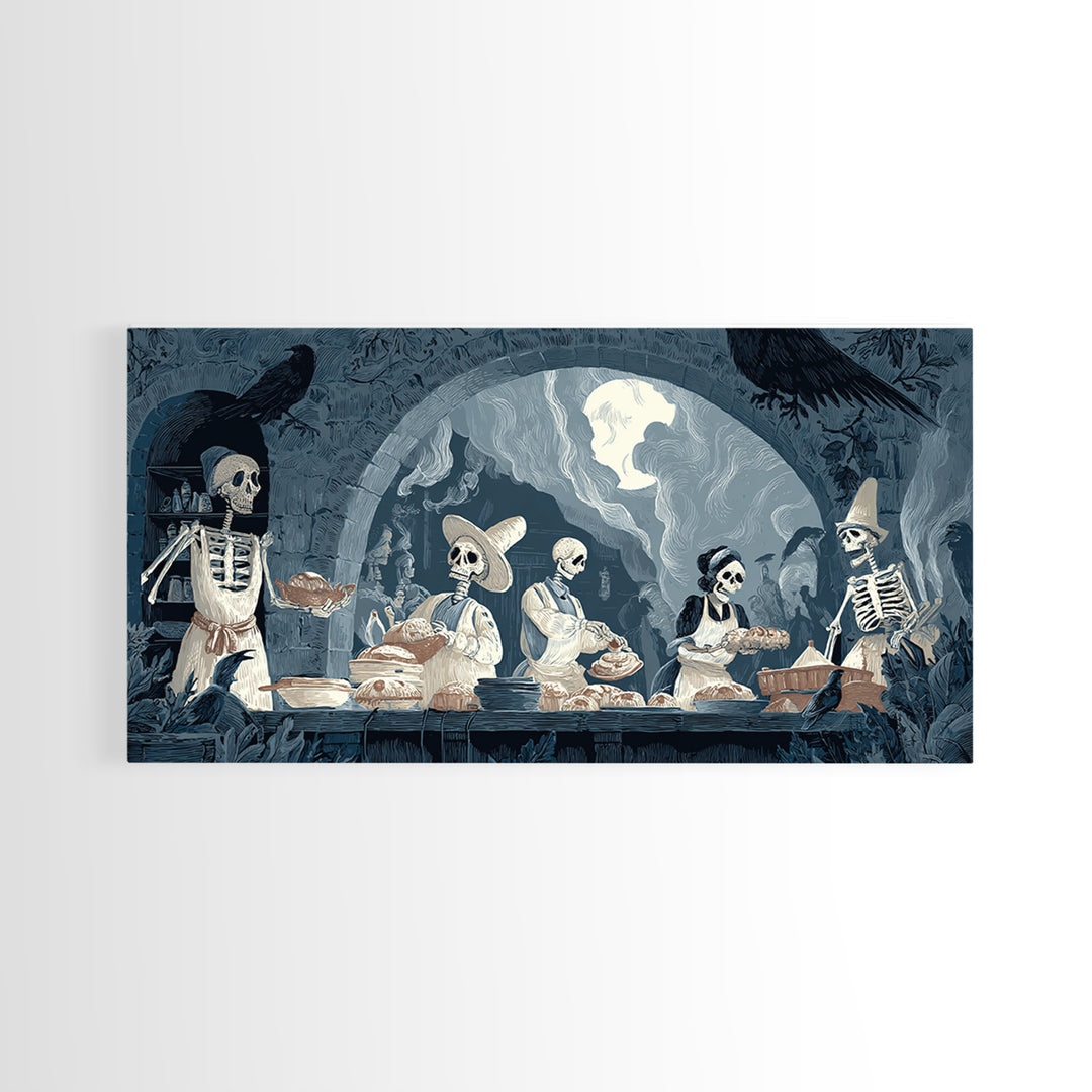 The Ghost Bakery, Macabre Folk Print Art, Wide Panoramic Art, Dark Halloween Decor, Canvas Print, Halloween Wall Art