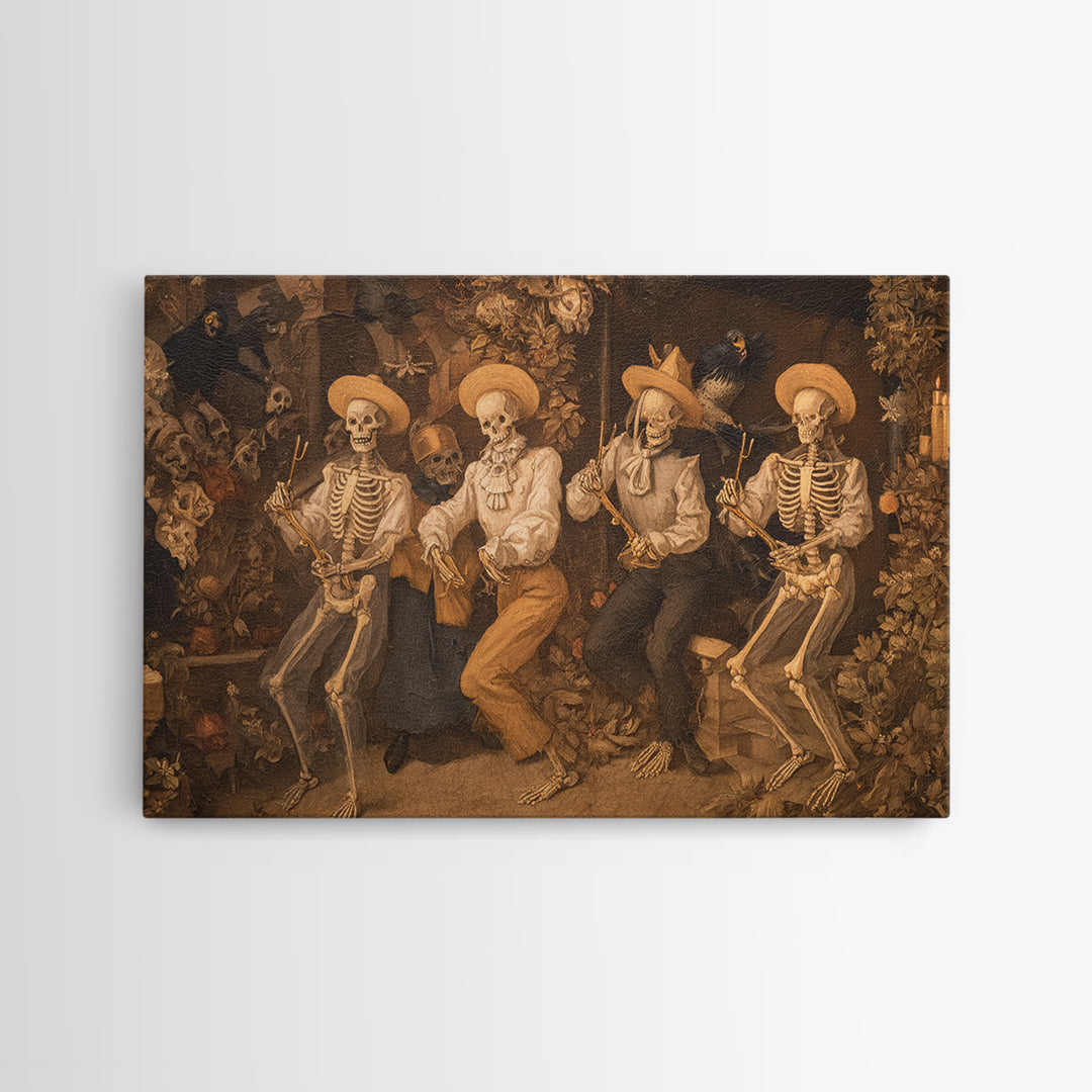 The Skeleton Barbershop Quartet, Medieval Grotesque Art, Landscape Wall Art, Macabre Wall Art, Canvas Print, Halloween Wall Art