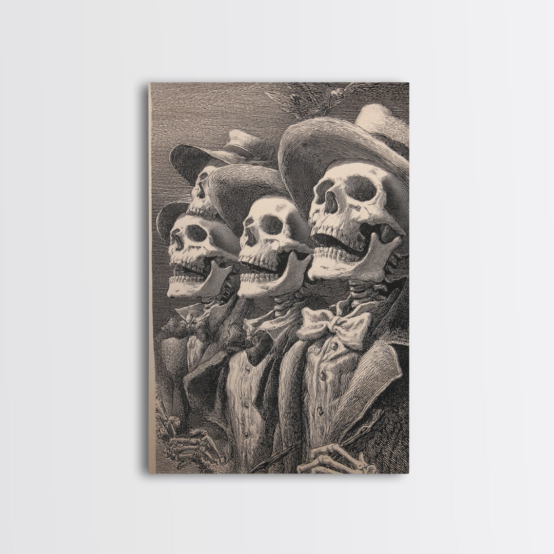The Skeleton Barbershop Quartet, Renaissance Engraving Art, Vertical Wall Art, Gothic Horror Wall Art, Framed Canvas Print