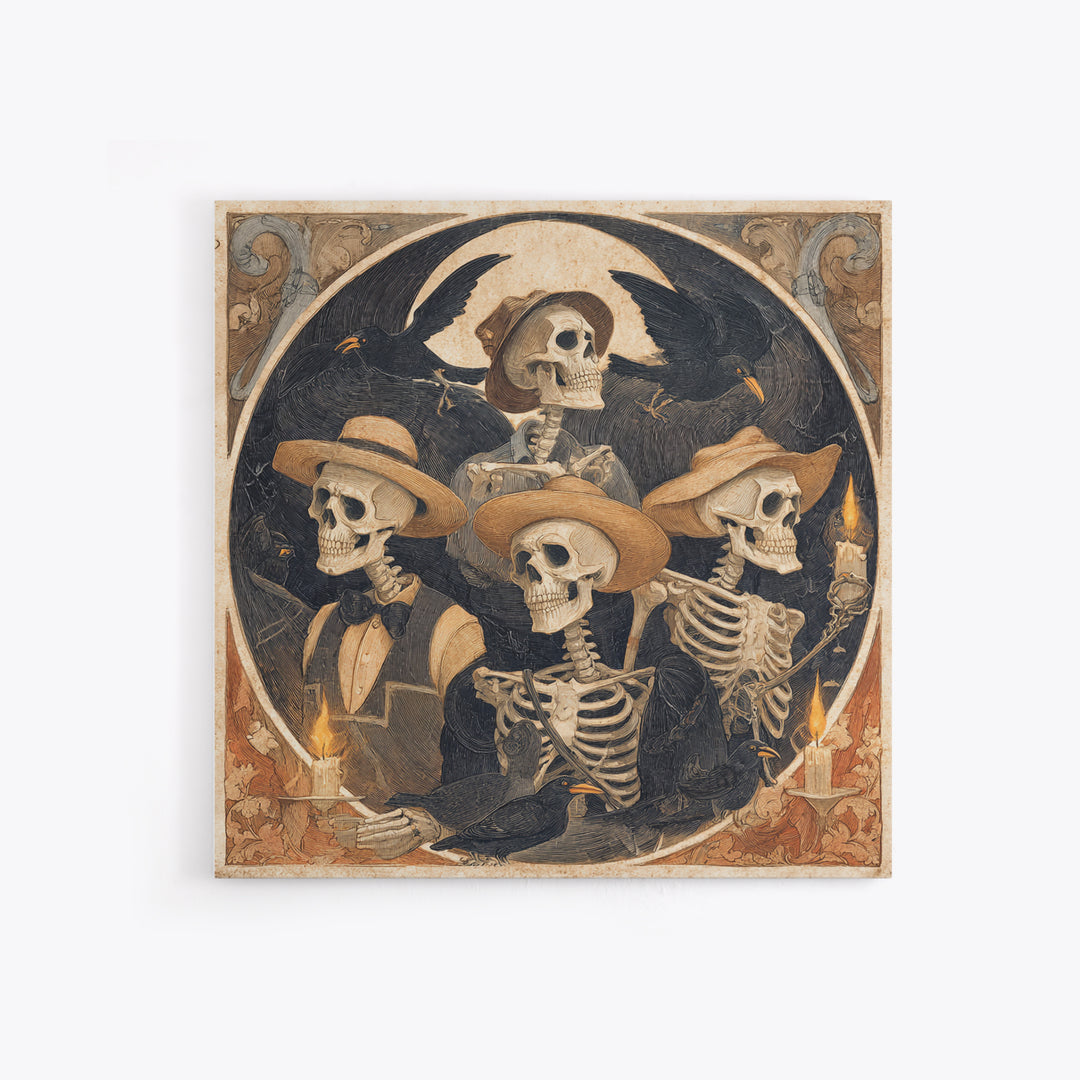 The Skeleton Barbershop Quartet, Danse Macabre Art, Square Wall Art, Macabre Wall Art, Canvas Print, Halloween Wall Art