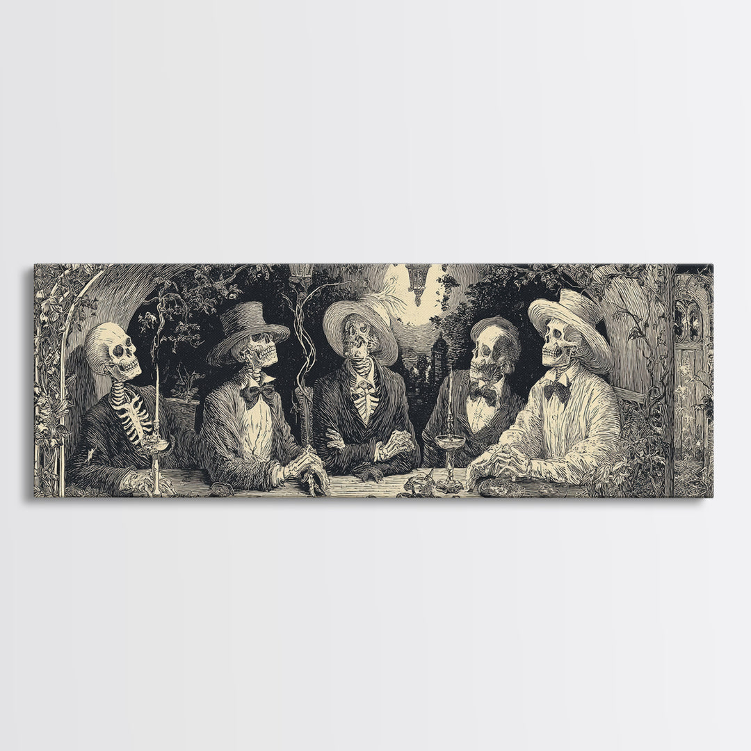 The Skeleton Barbershop Quartet, Symbolist Etching Art, Extra Wide Wall Art, Macabre Wall Art, Canvas Print, Halloween Wall Art