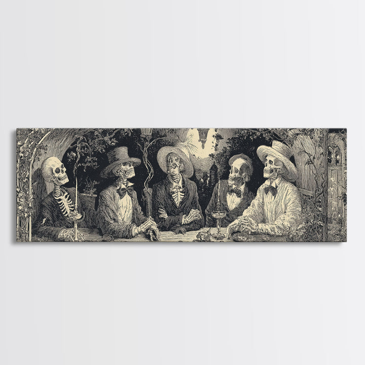 The Skeleton Barbershop Quartet, Symbolist Etching Art, Extra Wide Wall Art, Macabre Wall Art, Canvas Print, Halloween Wall Art