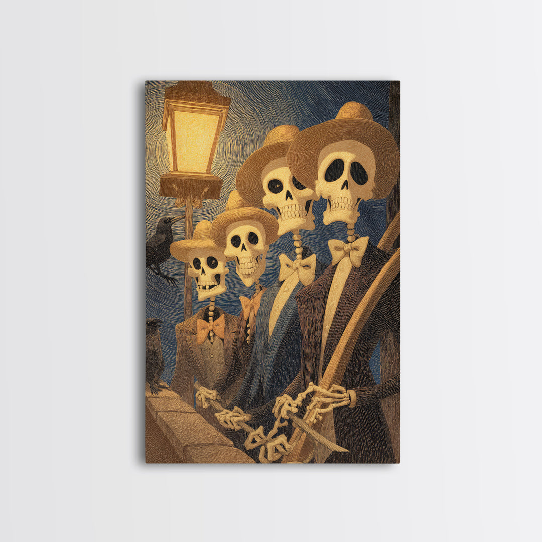 The Skeleton Barbershop Quartet, Expressionist Gothic Art, Vertical Wall Art, Dark Halloween Decor, Framed Canvas Print, Halloween Wall Art