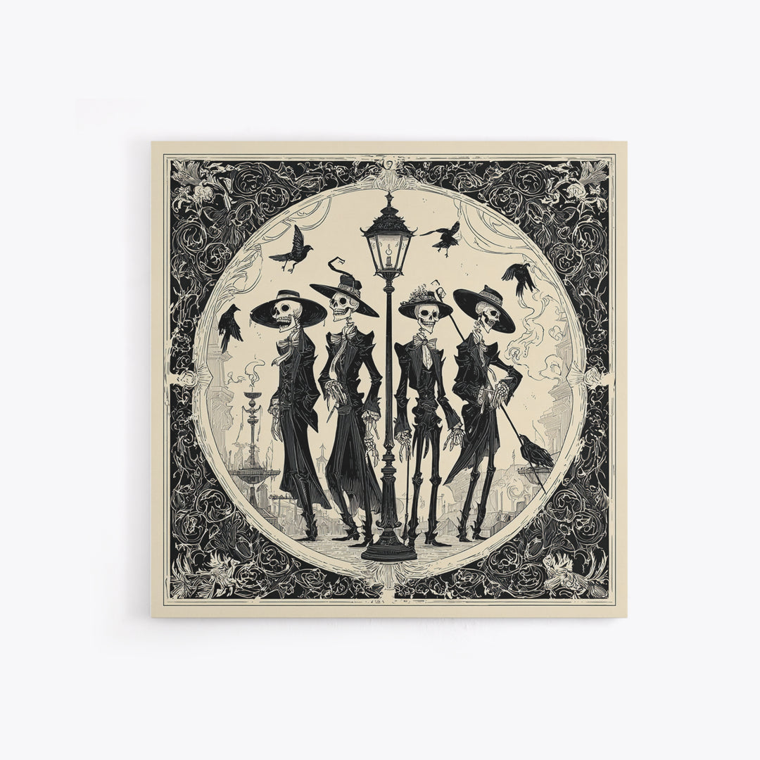 The Skeleton Barbershop Quartet, Decadent Line Art, Square Wall Art, Dark Halloween Decor, Framed Canvas Print