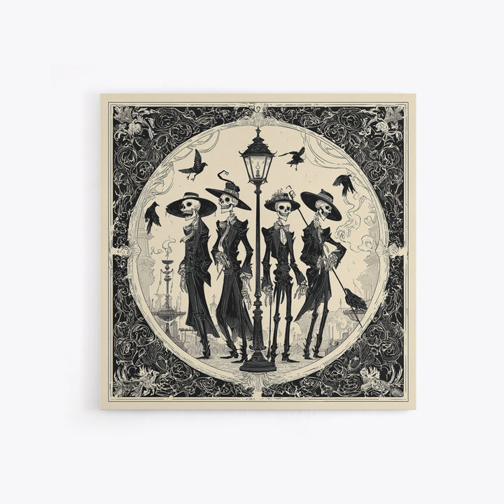 The Skeleton Barbershop Quartet, Decadent Line Art, Square Wall Art, Dark Halloween Decor, Framed Canvas Print