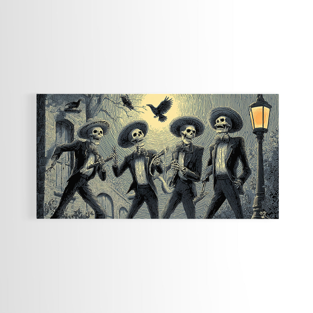 The Skeleton Barbershop Quartet, Macabre Folk Print Art, Wide Panoramic Art, Dark Halloween Decor, Canvas Print