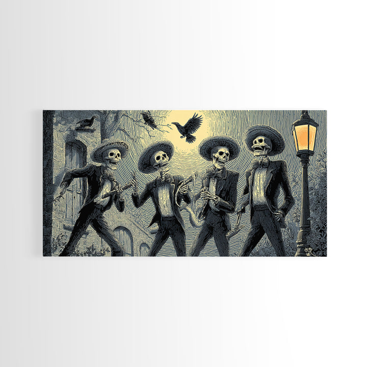 The Skeleton Barbershop Quartet, Macabre Folk Print Art, Wide Panoramic Art, Dark Halloween Decor, Canvas Print