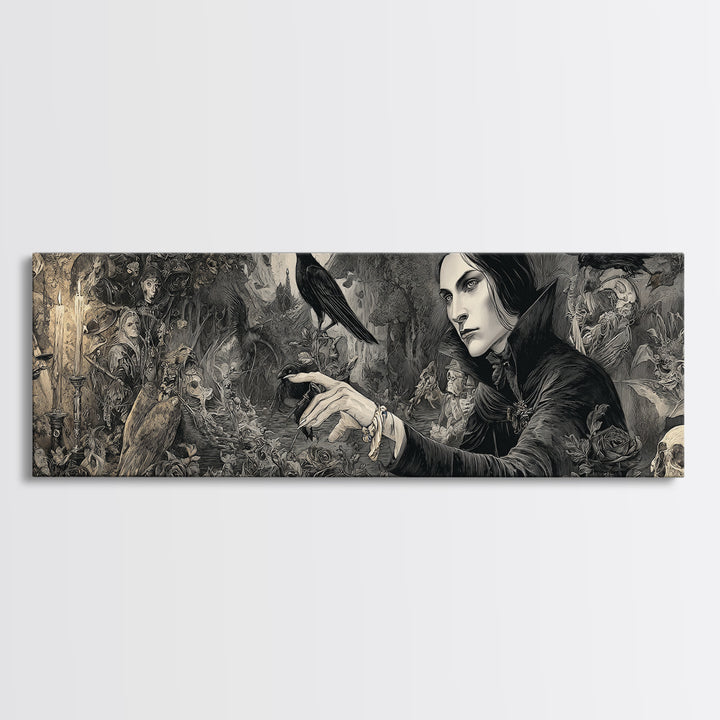 The Vampire Florist, Medieval Grotesque Art, Extra Wide Wall Art, Gothic Horror Wall Art, Framed Canvas Print, Halloween Wall Art