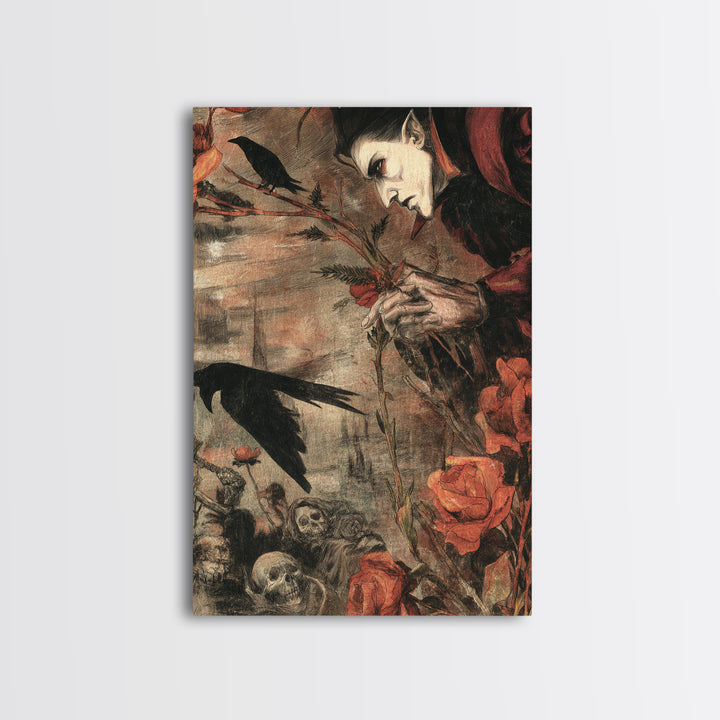 The Vampire Florist, Dark Renaissance Art, Vertical Wall Art, Dark Fantasy Wall Art, Canvas Print, Halloween Wall Art