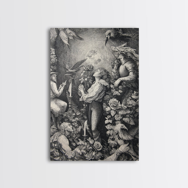 The Vampire Florist, Renaissance Engraving Art, Vertical Wall Art, Dark Fantasy Wall Art, Framed Canvas Print, Halloween Wall Art