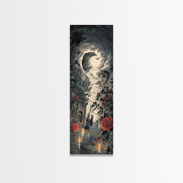 The Vampire Florist, Architectural Etching Art, Tall Narrow Wall Art, Gothic Horror Wall Art, Framed Canvas Print