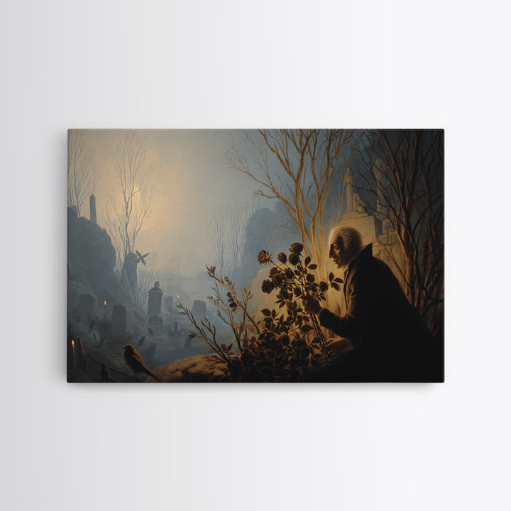The Vampire Florist, Romantic Gothic Landscape, Landscape Wall Art, Dark Halloween Decor, Framed Canvas Print, Halloween Wall Art