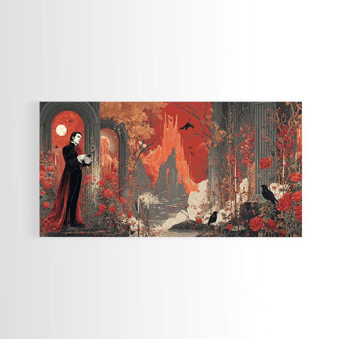 The Vampire Florist, Apocalyptic Romantic Art, Wide Panoramic Art, Dark Fantasy Wall Art, Framed Canvas Print, Halloween Wall Art