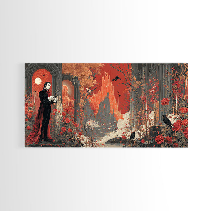The Vampire Florist, Apocalyptic Romantic Art, Wide Panoramic Art, Dark Fantasy Wall Art, Framed Canvas Print, Halloween Wall Art