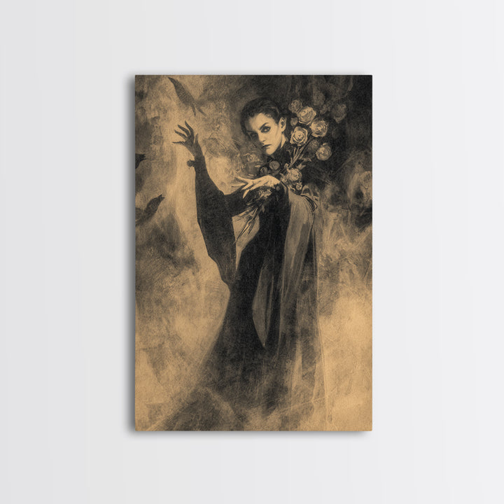 The Vampire Florist, Symbolist Dream Art, Vertical Wall Art, Macabre Wall Art, Framed Canvas Print, Halloween Wall Art