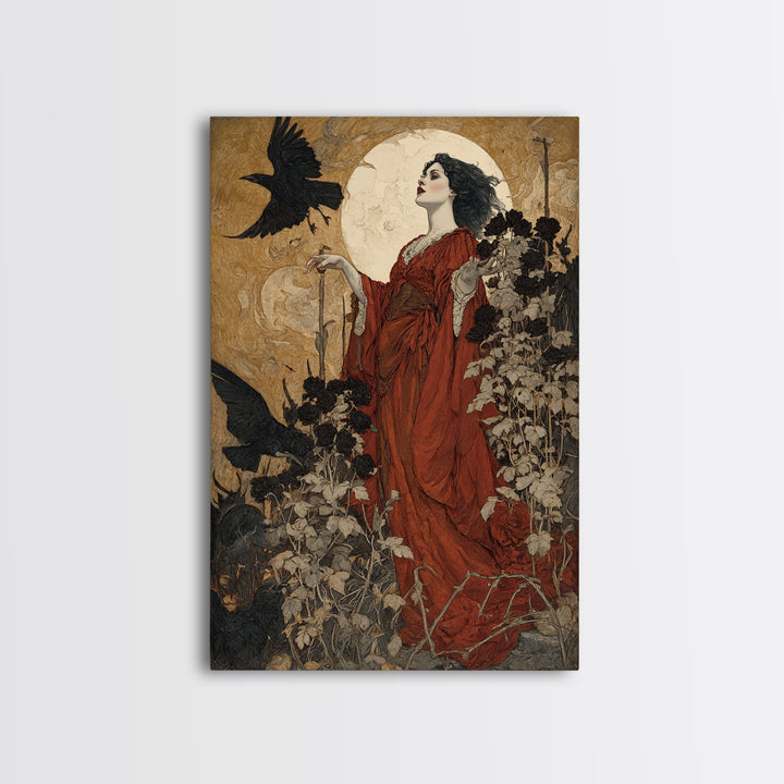 The Vampire Florist, Symbolist Etching Art, Vertical Wall Art, Macabre Wall Art, Canvas Print, Halloween Wall Art, Gothic Home Decor