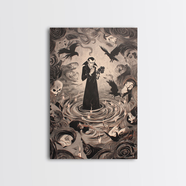 The Vampire Florist, Expressionist Gothic Art, Vertical Wall Art, Macabre Wall Art, Framed Canvas Print, Halloween Wall Art