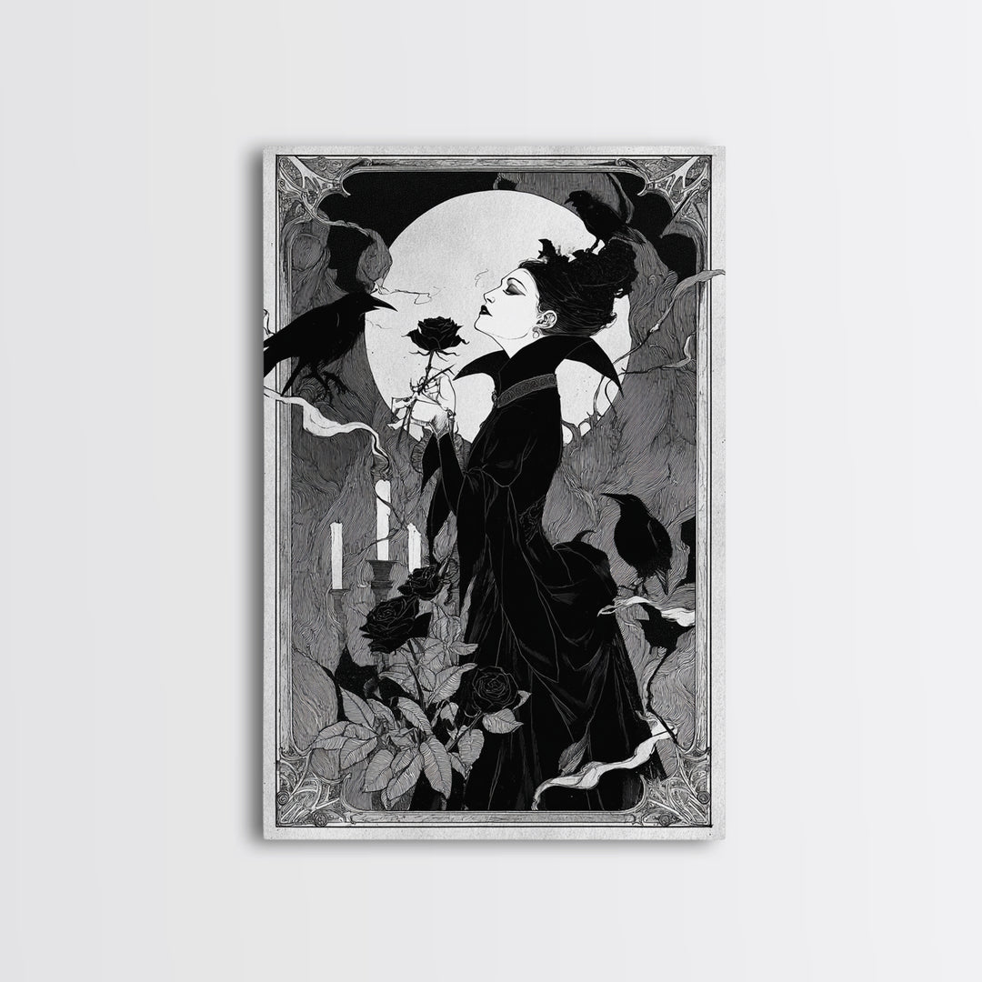 The Vampire Florist, Decadent Line Art, Vertical Wall Art, Dark Fantasy Wall Art, Canvas Print, Halloween Wall Art