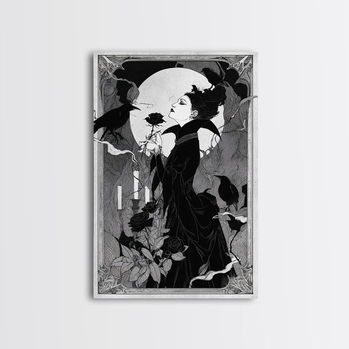 The Vampire Florist, Decadent Line Art, Vertical Wall Art, Dark Fantasy Wall Art, Canvas Print, Halloween Wall Art