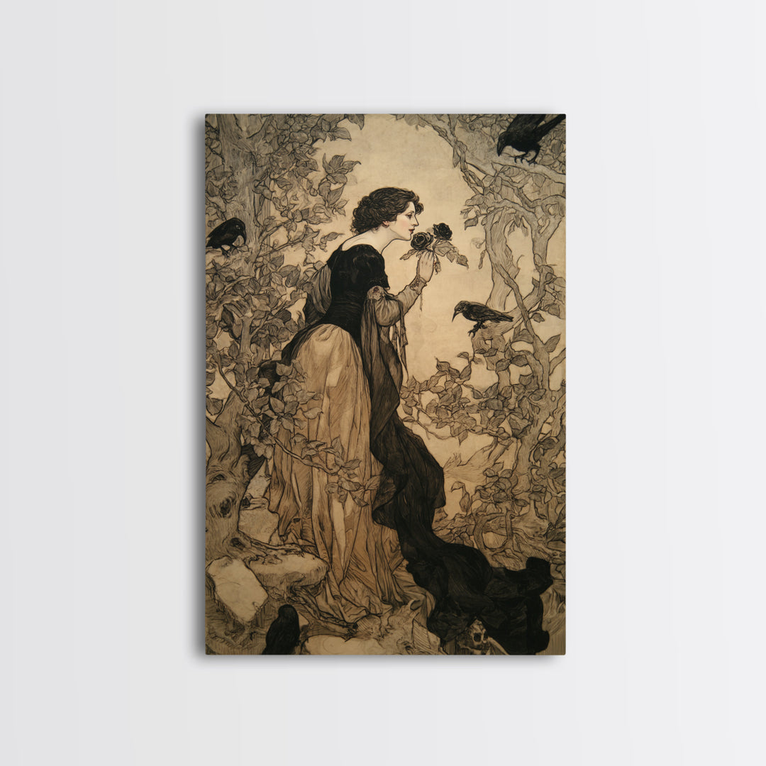 The Vampire Florist, Gothic Storybook Art, Vertical Wall Art, Macabre Wall Art, Canvas Print, Halloween Wall Art, Gothic Home Decor
