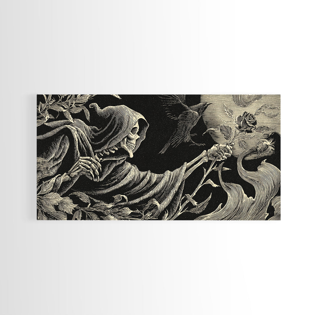 The Vampire Florist, Macabre Folk Print Art, Wide Panoramic Art, Dark Fantasy Wall Art, Framed Canvas Print, Halloween Wall Art