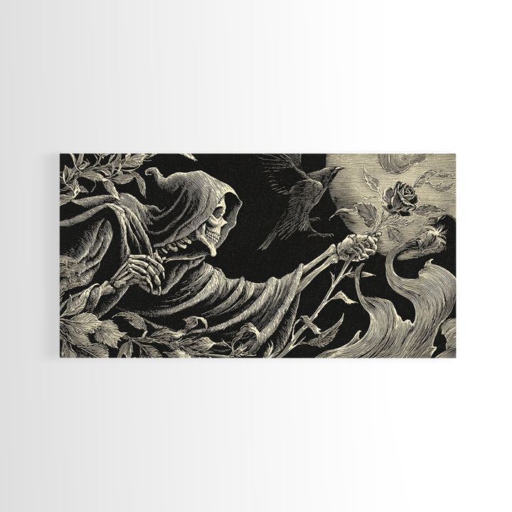 The Vampire Florist, Macabre Folk Print Art, Wide Panoramic Art, Dark Fantasy Wall Art, Framed Canvas Print, Halloween Wall Art