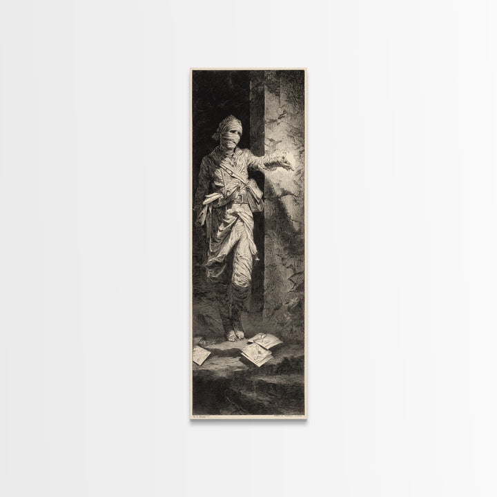 The Mummy Mail Carrier, Gothic Engraving Art, Tall Narrow Wall Art, Dark Fantasy Wall Art, Framed Canvas Print, Halloween Wall Art