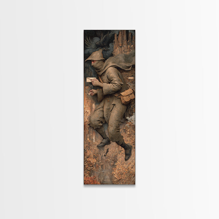 The Mummy Mail Carrier, Medieval Grotesque Art, Tall Narrow Wall Art, Dark Fantasy Wall Art, Framed Canvas Print, Halloween Wall Art