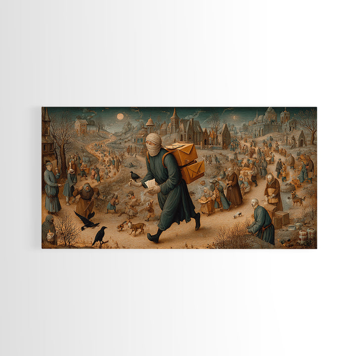 The Mummy Mail Carrier, Northern Renaissance Horror, Wide Panoramic Art, Dark Halloween Decor, Canvas Print, Halloween Wall Art