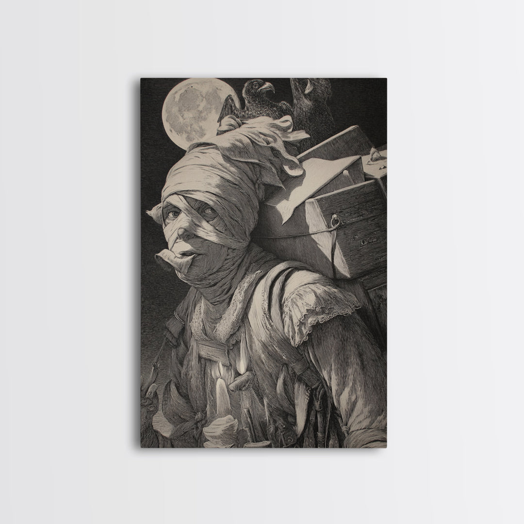 The Mummy Mail Carrier, Renaissance Engraving Art, Vertical Wall Art, Dark Fantasy Wall Art, Canvas Print, Halloween Wall Art