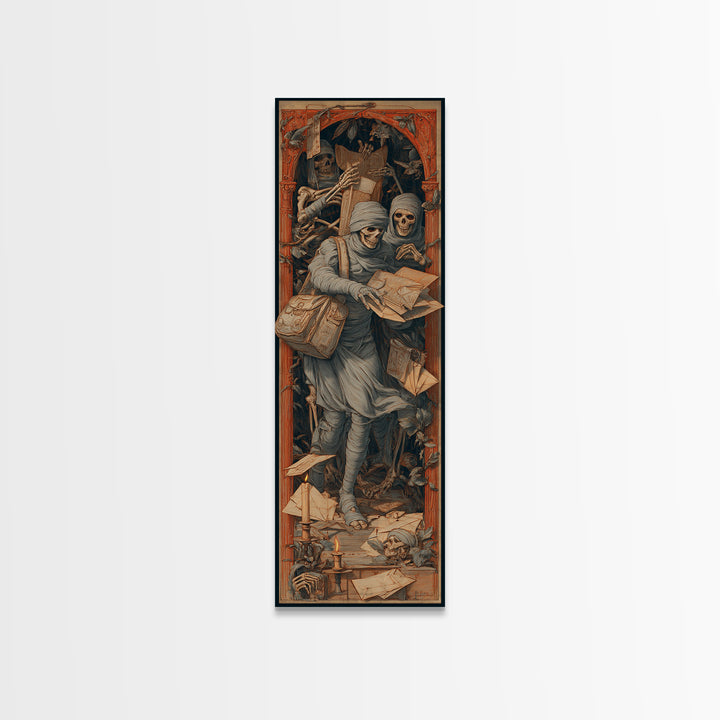 The Mummy Mail Carrier, Danse Macabre Art, Tall Narrow Wall Art, Macabre Wall Art, Framed Canvas Print