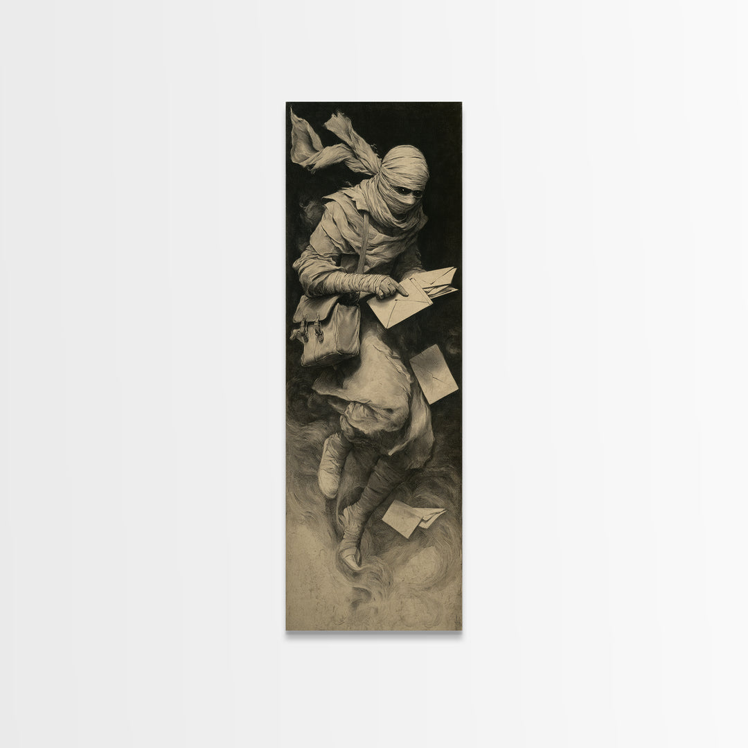The Mummy Mail Carrier, Symbolist Dream Art, Tall Narrow Wall Art, Gothic Horror Wall Art, Canvas Print, Halloween Wall Art