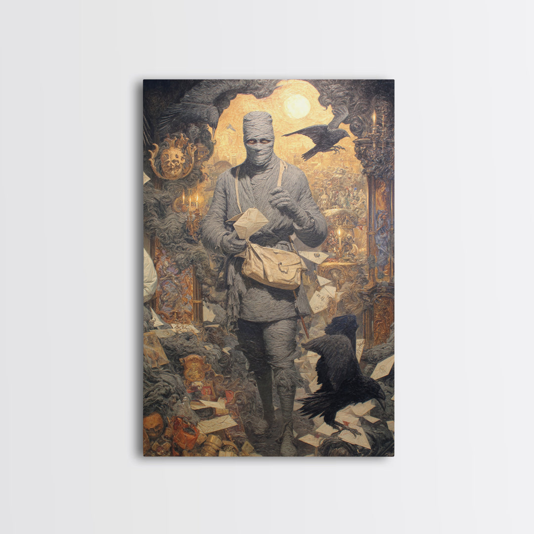 The Mummy Mail Carrier, Ornate Symbolist Art, Vertical Wall Art, Dark Halloween Decor, Canvas Print, Halloween Wall Art