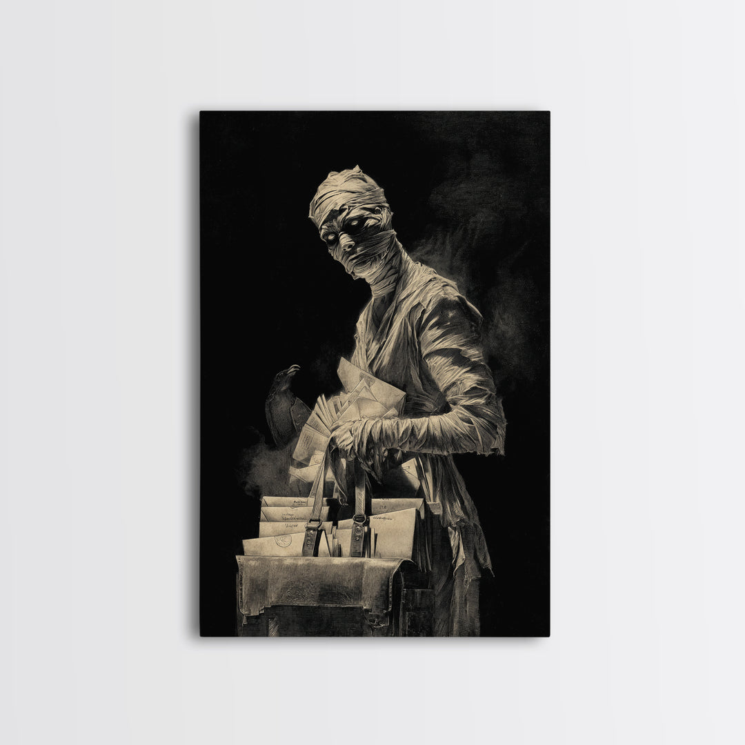 The Mummy Mail Carrier, Decadent Gothic Art, Vertical Wall Art, Macabre Wall Art, Framed Canvas Print, Halloween Wall Art