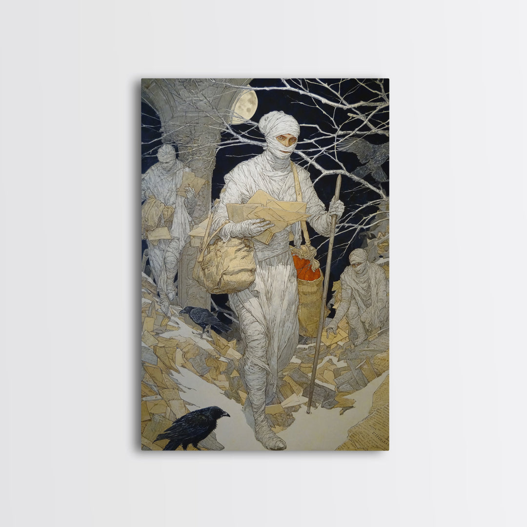 The Mummy Mail Carrier, Symbolist Death Art, Vertical Wall Art, Macabre Wall Art, Canvas Print, Halloween Wall Art