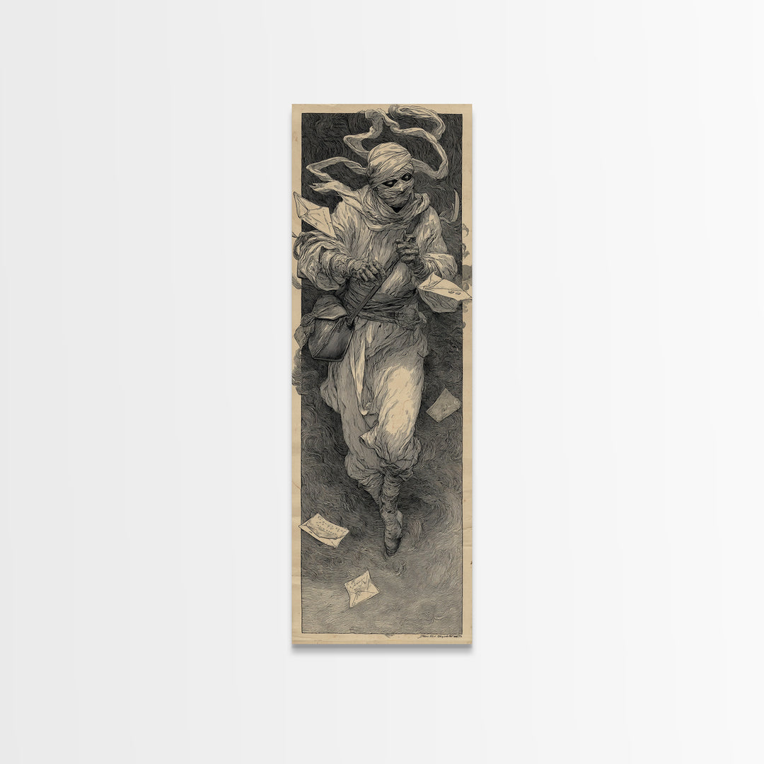 The Mummy Mail Carrier, Symbolist Etching Art, Tall Narrow Wall Art, Gothic Horror Wall Art, Framed Canvas Print, Halloween Wall Art