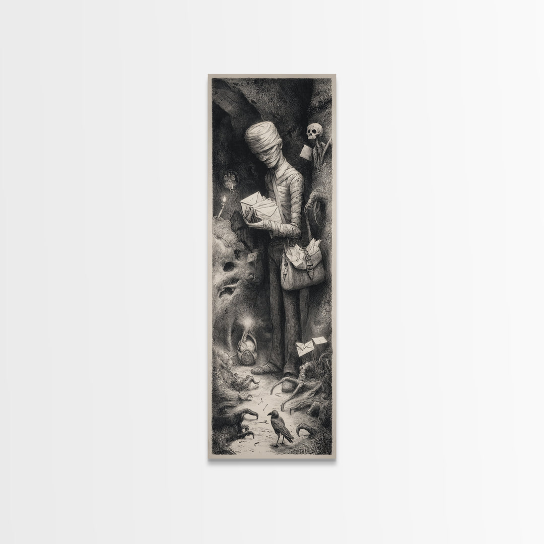 The Mummy Mail Carrier, Expressionist Nightmare Art, Tall Narrow Wall Art, Gothic Horror Wall Art, Canvas Print, Halloween Wall Art