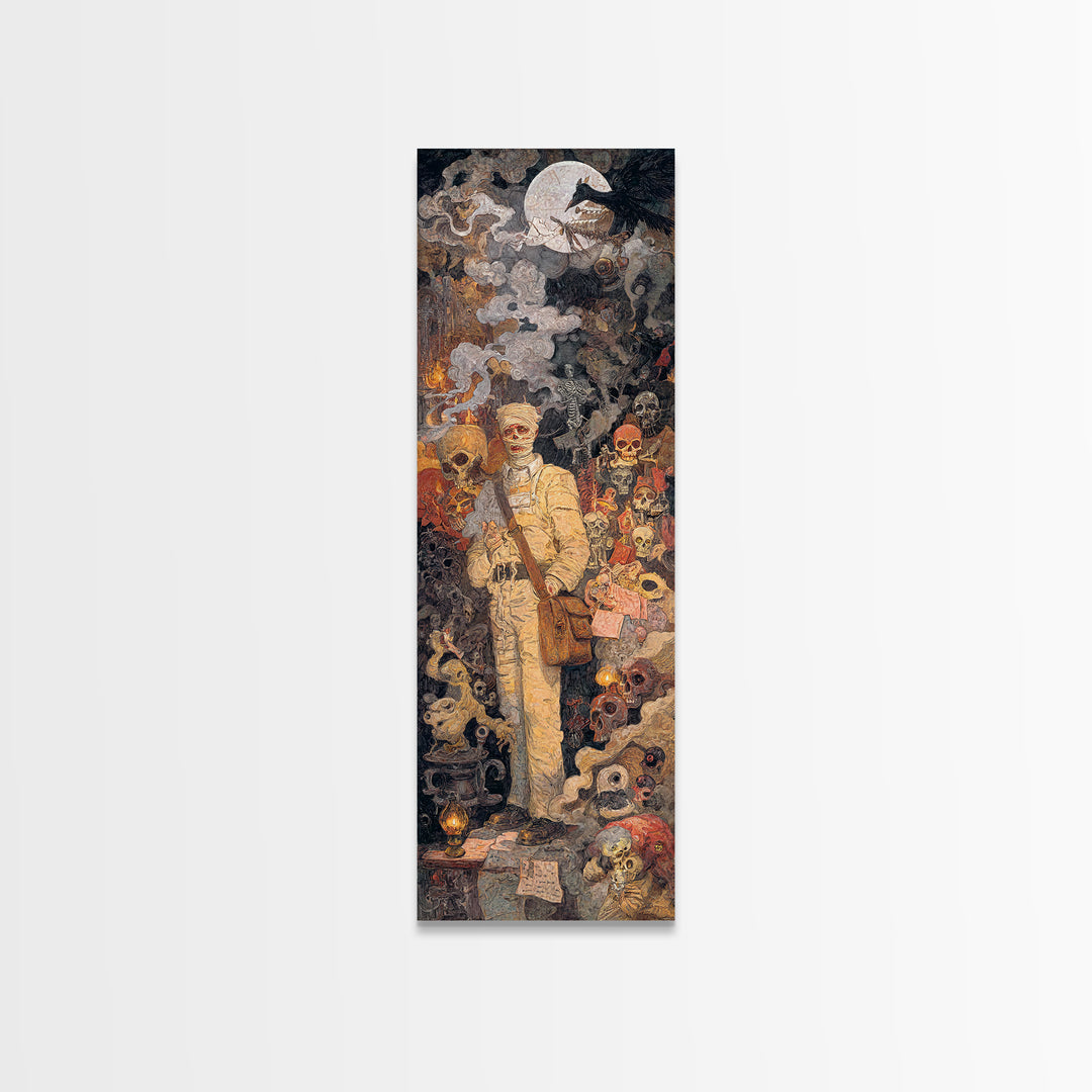 The Mummy Mail Carrier, Grotesque Carnival Art, Tall Narrow Wall Art, Gothic Horror Wall Art, Framed Canvas Print, Halloween Wall Art