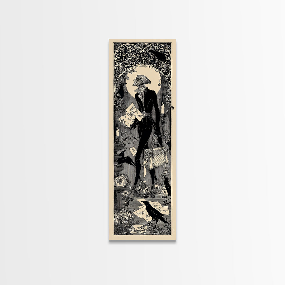 The Mummy Mail Carrier, Decadent Line Art, Tall Narrow Wall Art, Gothic Horror Wall Art, Framed Canvas Print, Halloween Wall Art