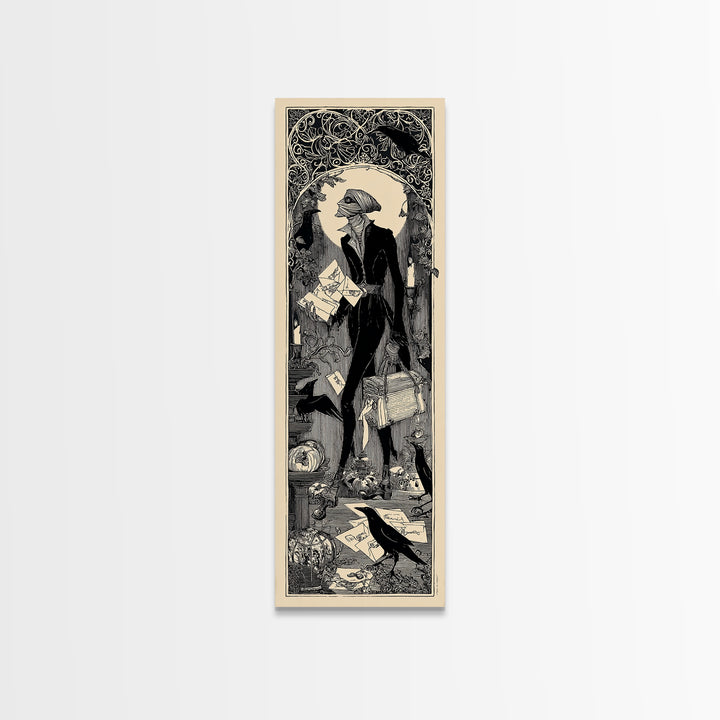 The Mummy Mail Carrier, Decadent Line Art, Tall Narrow Wall Art, Gothic Horror Wall Art, Framed Canvas Print, Halloween Wall Art