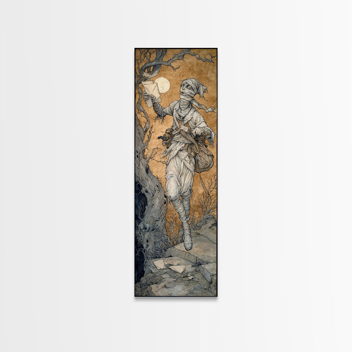 The Mummy Mail Carrier, Gothic Storybook Art, Tall Narrow Wall Art, Dark Fantasy Wall Art, Canvas Print, Halloween Wall Art