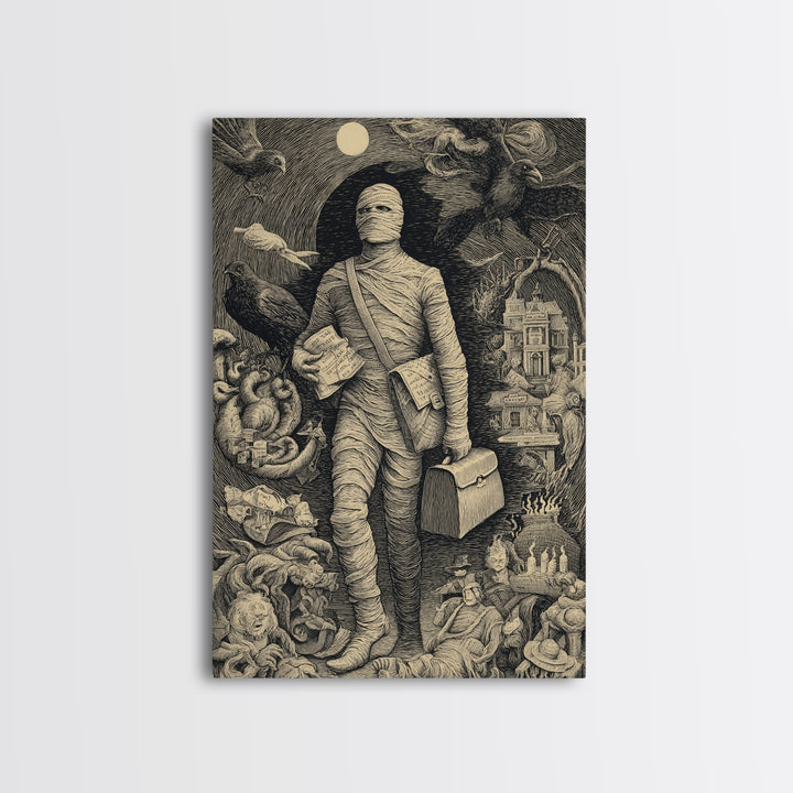 The Mummy Mail Carrier, Victorian Macabre Art, Vertical Wall Art, Gothic Horror Wall Art, Framed Canvas Print, Halloween Wall Art
