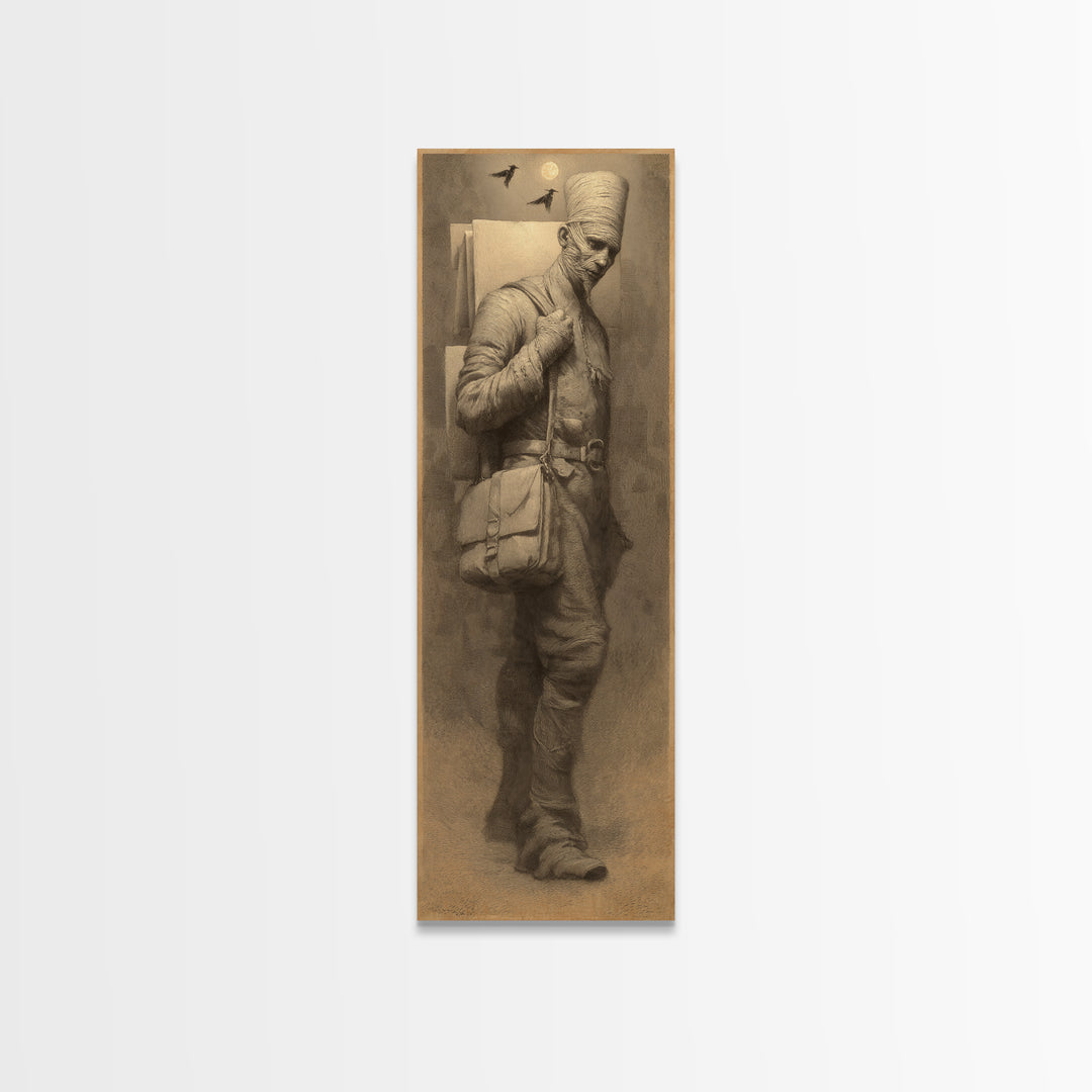 The Mummy Mail Carrier, Surreal Apocalyptic Art, Tall Narrow Wall Art, Gothic Horror Wall Art, Canvas Print, Halloween Wall Art