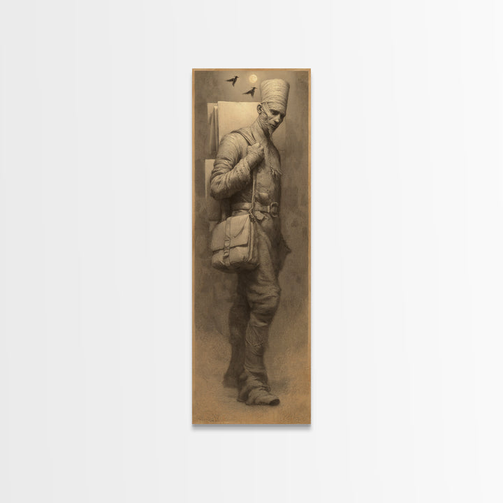 The Mummy Mail Carrier, Surreal Apocalyptic Art, Tall Narrow Wall Art, Gothic Horror Wall Art, Canvas Print, Halloween Wall Art
