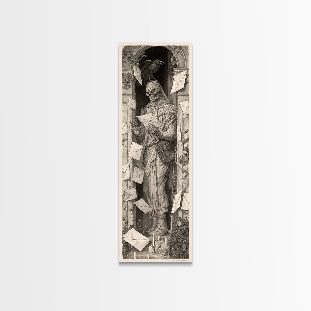 The Mummy Mail Carrier, Biomechanical Horror Art, Tall Narrow Wall Art, Dark Fantasy Wall Art, Framed Canvas Print, Halloween Wall Art