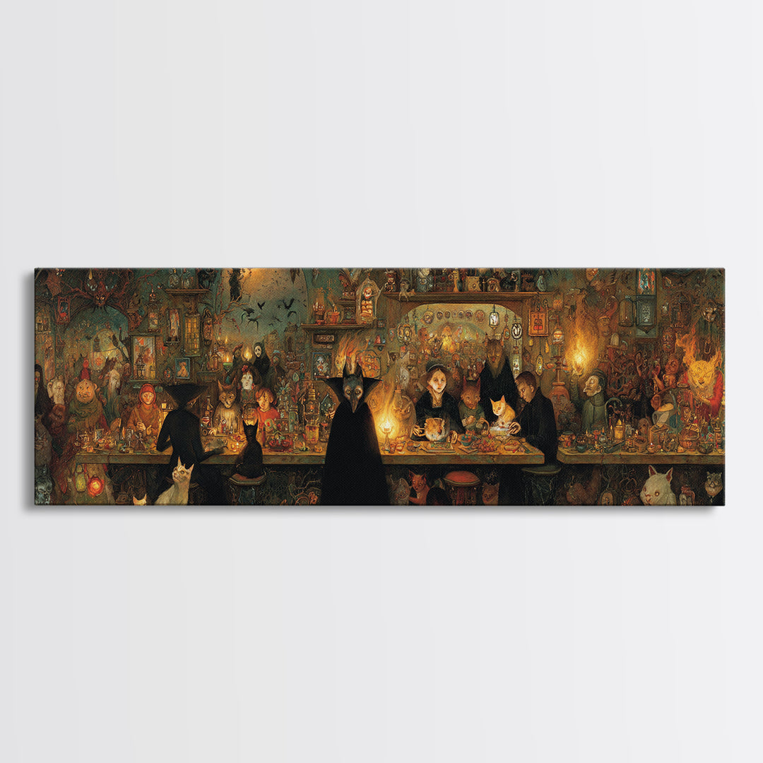 The Witch'S Cat Cafe, Medieval Grotesque Art, Extra Wide Wall Art, Dark Halloween Decor, Canvas Print, Halloween Wall Art